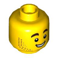 Tête de minifigurine Harl Hubbs, barbe brune foncée, sourcils surélevés, sourire avec les dents / langue collante (Minifig Head Harl Hubbs, Dark Brown Stubble Beard, Raised Eyebrows, Smile with Teeth / Tongue Sticking Out)