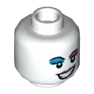 Tête de minifigurine Harley Quinn, Ombre à paupières Azur foncé et Lavande, Sourire moyen avec dents / Langue (Minifig Head Harley Quinn, Dark Azure and Lavender Eye Shadow, Mean Smile with Teeth / Tongue Sticking Out Print)