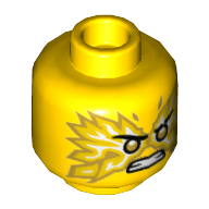 Tête de minifigurine Kai, yeux or nacré, Flammes blanches/or (Minifig Head Kai, Pearl Gold Eyes, White/Gold Flames)