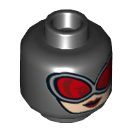 Tête de minifigurine Catwoman, Lunettes, lunettes rouges, lèvres rouges, motif : bouche ouverte / bouche fermée (Minifig Head Catwoman, Goggles, Red Glasses, Red Lips, Open Mouth / Closed Mouth Print)