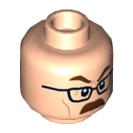 Tête de minifigurine Commissaire James Gordon, lunettes, sourcils brun rougeâtre, Moustache, en colère (Minifig Head Commissioner James Gordon, Glasses, Reddish Brown Eyebrows, Mustache, Angry)