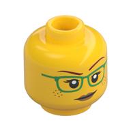 Tête de minifigurine Freya McCloud, lunettes vertes, lèvres de pêche et sourire / sourcils levés (Minifig Head Freya McCloud, Green Glasses, Peach Lips, and Smile / Raised Eyebrow)