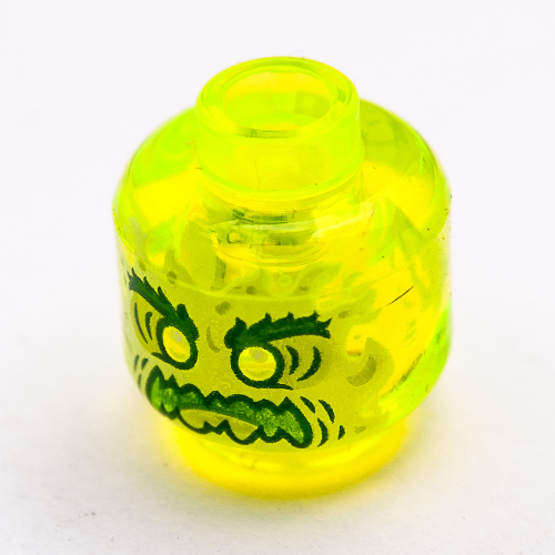 Tête de minifigurine fantôme, visage vert jaunâtre, sourcils touffus, en colère, flammes dans le dos (Minifig Head Ghost, Yellowish Green Face, Bushy Eyebrows, Angry, Flames in Back)