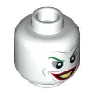Tête de minifigurine Joker, sourcils verts, grand sourire aux lèvres rouges, motif imprimé petits yeux (Minifig Head Joker, Green Eyebrows, Wide Smile with Red Lips, Small Eyes Print)