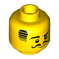 Tête de minifigurine, Cheveux noirs, Sourcils, Yeux et Moustache, Motif imprimé Sourcils droit surélevé (Minifig Head, Black Hair, Eyebrows, Eyes, and Moustache, Raised Right Eyebrow Print)
