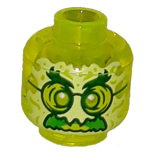 Tête de minifigurine Fantôme, avec visage vert jaunâtre, sourcils broussailleux, lunettes, colère et flammes dans le dos motif imprimé (Minifig Head Ghost, with Yellowish Green Face, Bushy Eyebrows, Glasses, Angry and Flames in Back Print)