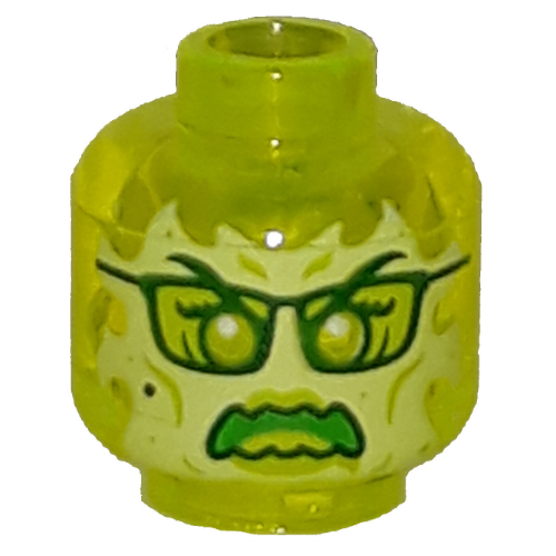 Tête de minifigurine Fantôme, avec visage vert jaunâtre, lunettes, colère et flammes dans le dos motif imprimé (Minifig Head Ghost, with Yellowish Green Face, Glasses, Angry and Flames in Back Print)