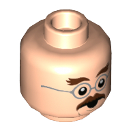 Tête de minifigurine professeur flitwick, sourcils broussailleux brun foncé, moustache, argent lunettes rondes, motif : bouche ouverte / stupéfait (Minifig Head Professor Flitwick, Dark Brown Bushy Eyebrows, Moustache, Silver Round Glasses, Open Mouth / Shocked Print)