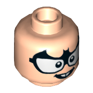 Tête de minifigurine Bat-Mite, avec des lunettes de chauve-souris noires, sourire bouche ouverte avec deux dents motif imprimé (Minifig Head Bat-Mite, with Black Bat Glasses, Open Mouth Smile with Two Teeth Print)