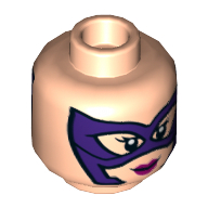 Chasseresse tête minifigurine, masque pour les yeux pourpre, lèvres magenta, motif : sourire / en colère (Minifig Head Huntress, Purple Eyemask, Magenta Lips, Smile / Angry Print)