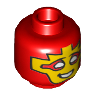 Tête de minifigurine monsieur miracle, yeux blancs, masque jaune, motif : sourire (Minifig Head Mister Miracle, White Eyes, Yellow Facemask, Smile Print)