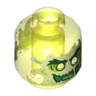Tête de minifigurine Fantôme, avec visage vert jaunâtre, œil de verre, sourire maléfique, flammes dans le dos motif imprimé (Minifig Head Ghost, with Yellowish Green Face, Glass Eye, Evil Grin, Flames in Back Print)