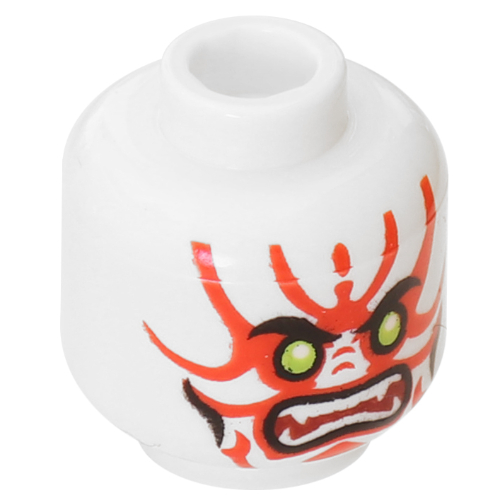 Tête de minifigurine Général Kozu, yeux vert citron, crocs blancs, marquages du visage rouge, bouche, motif : traits sur les joues (Minifig Head General Kozu, Lime Eyes, White Fangs, Red Face Markings, Mouth, Cheek Lines Print)