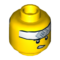 Tête de minifigurine Garçon d'arts martiaux, bandeau blanc avec le symbole carré, motif : sourire / dents serrées (Minifig Head Martial Arts Boy, White Headband with Square Symbol, Smile / Clenched Teeth Print)