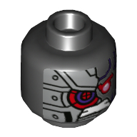 Tête de minifigurine nindroid, lignes violet foncé, œil rouge, gritted dents, motif imprimé côté droit blindé argent (Minifig Head Nindroid, Dark Purple Lines, Red Eye, Gritted Teeth, Silver Armored Right Side Print)