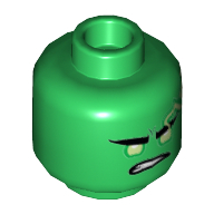Tête de minifigurine Lloyd, yeux vert jaunâtre, éclairs de vert citron, avec froncement de sourcils motif imprimé (Minifig Head Lloyd, Yellowish Green Eyes, Lime Lightning Bolts, with Lopsided Frown Print)