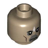 Tête de minifigurine centaure, gris bleuâtre foncé autour des yeux et de la bouche, motif imprimé blaze blanc (Minifig Head Centaur, Dark Bluish Gray around Eyes and Mouth, White Blaze Print)