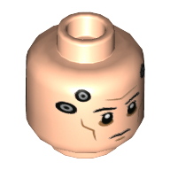 Écho tête figurine, ombre sous les yeux, les lignes des joues et du avant, sombres cercles gris bleuté sur les temples / cercles d'argent et panneau mécanique en métal sur le dos (Minifig Head Echo, Shadow Under Eyes, Cheek and Forehead Lines, Dark Bluish Gray Circles on Temples/Silver Circles and Metal Mechanical Panel on Back)