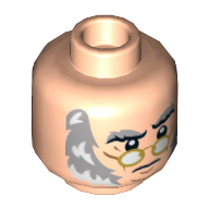 Tête de minifigurine ebenezer scrooge, verres dorés, favoris gris et blanc, motif imprimé poupe (Minifig Head Ebenezer Scrooge, Gold Glasses, Gray and White Sideburns, Stern Print)