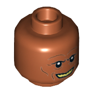 Tête de minifigurine kardue'sai'malloc, traits sur les joues, sourire avec motif imprimé dents jaunes (Minifig Head Kardue'sai'Malloc, Cheek Lines, Grin with Yellow Teeth Print)