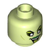 Tête de minifigurine chanteur banshee, yeux blancs avec ombre à vert citron, lèvres vertes, bouche ouverte avec motif imprimé de langue de vert citron (Minifig Head Banshee Singer, White Eyes with Lime Shadow, Green Lips, Open Mouth with Lime Tongue Print)