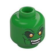 Tête de minifigurine Bouffon Vert, yeux jaunes avec ombre vert foncé, sourire maléfique montrant des dents crocées motif imprimé (Minifig Head Green Goblin, Yellow Eyes with Dark Green Shadow, Evil Grin Showing Fanged Teeth Print)