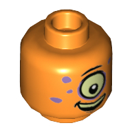 Tête de minifigurine alien keytarist, un grand œil, taches lavande moyen, motif : sourire bouche ouverte (Minifig Head Alien Keytarist, One Large Eye, Medium Lavender Spots, Open Mouth Smile Print)