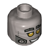 Tête de minifigurine Robot Hiphop, yeux jaunes, plaques de métal, motif : bouche ouverte avec dents serrées (Minifig Head Hiphop Robot, Yellow Eyes, Metal Plates, Open Mouth with Clenched Teeth Print)