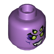 Tête de minifigurine Spindrax, quatre yeux de vert citron, lignes de joue violet foncé, sourire montrant les dents / bouche ouverte motif imprimé (Minifig Head Spindrax, Four Lime Eyes, Dark Purple Cheek Lines, Grin Showing Teeth / Open Mouth Print)