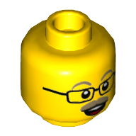 Tête de minifigurine chapeau tom, sourcils beige foncé et moustache, lunettes carrées, motif : sourire bouche ouverte (Minifig Head Top Hat Tom, Dark Tan Eyebrows and Moustache, Square Glasses, Open Mouth Smile Print)