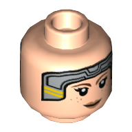 Tête de minifigurine bo-katan kryze, casque gris bleuté clair avec rayures jaunes, sourcils brun rougeâtre, motif : lèvres pêche (Minifig Head Bo-Katan Kryze, Light Bluish Gray Headset with Yellow Stripes, Reddish Brown Eyebrows, Peach Lips Print)