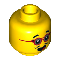 Tête de minifigurine Pan, lunettes rouges, Moustache fine, motif : sourire bouche ouverte / dents serrées (Minifig Head Pan, Red Glasses, Thin Moustache, Open Mouth Smile / Clenched Teeth Print)