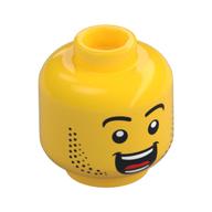 Tête de minifigurine dynamo doug, barbe naissante, sourcils surélevés, grande bouche ouverte sourire motif imprimé (Minifig Head Dynamo Doug, Beard Stubble, Raised Eyebrows, Large Open Mouth Smile Print)