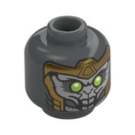Tête de minifigurine Chitauri, armure dorée, yeux vert citron, grande bouche ouverte avec motif imprimé de dents (Minifig Head Chitauri, Gold Armor, Lime Eyes, Large Open Mouth with Teeth Print)