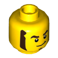 Tête de minifigurine fusée racer, sourcils brun foncé, bouc, et favoris, motif : sourire en coin (Minifig Head Rocket Racer, Dark Brown Eyebrows, Goatee, and Sideburns, Smirk Print)