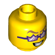 Tête de minifigurine projecteur, lunettes de couronne violet foncé, sourcils nougat, bouche ouverte sourire / lèvres pincées motif imprimé (Minifig Head Spotlight, Dark Purple Crown Glasses, Nougat Eyebrows, Open Mouth Smile / Pursed Lips Print)