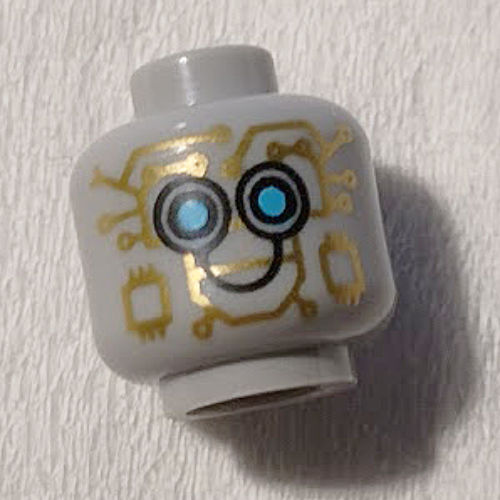 Tête de minifigurine Robot, circuit en or, motif imprimé yeux bleus moyens [tenon creux] (Minifig Head Robot, Gold Circuitry, Medium Blue Eyes Print [Hollow Stud])