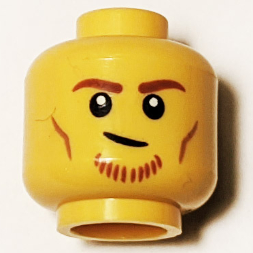 Tête de minifigurine Pilote de course, sourcils orange foncé et barbe, motif imprimé sourire déséquilibré (Minifig Head Racer, Dark Orange Eyebrows and Beard, Lopsided Smile Print)