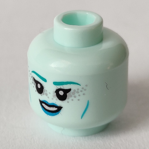 Tête de minifigurine nuit protecteur, sourcils turquoise foncé, lops azur moyen, taches de rousseur argent, bouche ouverte sourire / bouche fermée sourire motif imprimé (Minifig Head Night Protector, Dark Turquoise Eyebrows, Medium Azure Lops, Silver Freckles, Open Mouth Smile / Closed Mouth Smirk Print)
