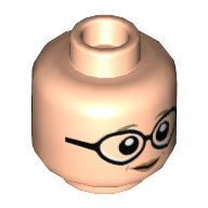 Tête de minifigurine Sybill Trelawney, sourcils beige foncé, grandes lunettes rondes, lèvres pêche, motif : bouche fermée (Minifig Head Sybill Trelawney, Dark Tan Eyebrows, Large Round Glasses, Peach Lips, Closed Mouth Print)
