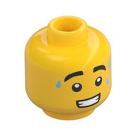 Tête de minifigurine Fournisseur de crème glacée, sourcils épais, gouttes de sueur bleu clair vif, bouche ouverte avec motif imprimé de dents (Minifig Head Ice Cream Vendor, Thick Eyebrows, Bright Light Blue Sweat Drops, Open Mouth with Teeth Print)