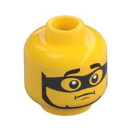 Tête de minifigurine Criminel, Sourcils épais brun foncé et barbe, Masque noir, Motif imprimé inquiet (Minifig Head Criminal, Dark Brown Thick Eyebrows and Beard, Black Eyemask, Worried Print)