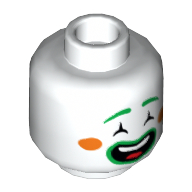 Tête de minifigurine agrumes le clown, sourcils vert vif et lèvres, cercles orange sur les joues, bouche fermée et yeux ouverts / bouche ouverte et yeux fermés motif imprimé (Minifig Head Citrus the Clown, Bright Green Eyebrows and Lips, Orange Circles on Cheeks, Closed Mouth and Open Eyes / Open Mouth and Closed Eyes Print)