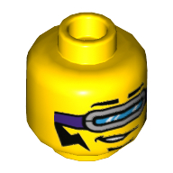Tête de minifigurine, visière argentée et pourpre foncé, favoris de foudre noir, motif : sourire en coin (Minifig Head, Silver and Dark Purple Visor, Black Lightning Bolt Sideburns, Smirk Print)