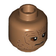 Tête de minifigurine Weequay Guard, brun rougeâtre autour des yeux, des lignes de joue et des rides, motif imprimé de trois queues de cheval tressées (Minifig Head Weequay Guard, Reddish Brown Around Eyes, Cheek Lines, and Wrinkles, Three Braided Ponytails Print)