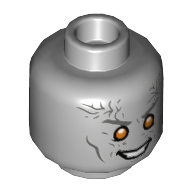 Tête de minifigurine gorr, sourcils et lignes gris bleuté foncé, yeux orange, motif imprimé sourire mal (Minifig Head Gorr, Dark Bluish Gray Eyebrows and Lines, Orange Eyes, Evil Smile Print)