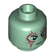 Tête de minifigurine Drax, lignes de joue gris bleuté clair, tatouages rouges foncés sur le devant et le dos, motif imprimé sérieux (Minifig Head Drax, Light Bluish Gray Cheek Lines, Dark Red Tattoos on Front and Back, Serious Print)