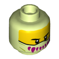 Tête de minifigurine, Visage jaune, masque avec motif imprimé dents anglées magenta (Minifig Head, Yellow Face, Facemask with Magenta Fanged Teeth Print)