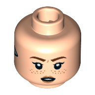 Tête de minifigurine aloy, sourcils brun rougeâtre, taches de rousseur et lèvres nougat, triangle argenté sur les côtés, motif : bouche fermée / bouche ouverte (Minifig Head Aloy, Reddish Brown Eyebrows, Nougat Freckles and Lips, Silver Triangle on Sides, Closed Mouth / Open Mouth Print)