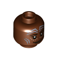 Tête de minifigurine Nakia, marques bleu sable, lèvres brun foncé, sourire / en colère avec des dents serrées motif imprimé (Minifig Head Nakia, Sand Blue Markings, Dark Brown Lips, Smile / Angry with Clenched Teeth Print)